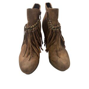 Brown Wedge Ankle Boots With Fringe & Braided Accent